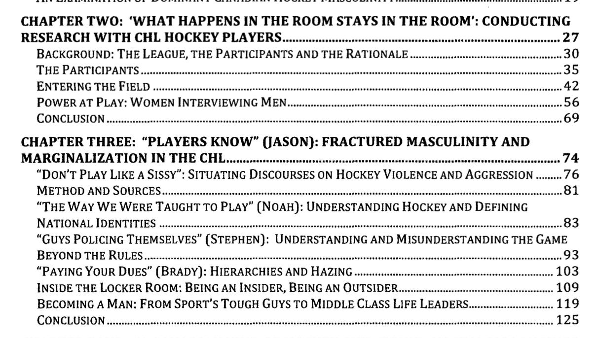 A screenshot of the table of contents of Kristi Allain's phD thesis, chapters two and three. It includes chapter titles such as 'What Happens in the Room Stays in the Room:' Conducting Research with CHL hockey players, and Chapter Three: 'Players Know': Fractured Masculinity and Marginalization in the CHL. Some of the subchapters include headings such as 'Don't play like a sissy,' 'guys policing themselves,' 'the way we were taught to play,' and 'becoming a man.' A screenshot of the table of contents of Kristi Allain's phD thesis, chapters two and three. It includes chapter titles such as 'What Happens in the Room Stays in the Room:' Conducting Research with CHL hockey players, and Chapter Three: 'Players Know': Fractured Masculinity and Marginalization in the CHL. Some of the subchapters include headings such as 'Don't play like a sissy,' 'guys policing themselves,' 'the way we were taught to play,' and 'becoming a man.'