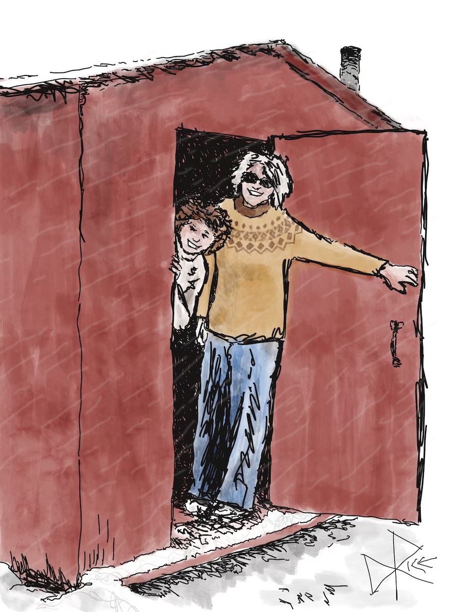 A cartoon of two happy fishers peeking out the door of an ice fishing shack, as the wind blows falling snow. Sketch art by Don Rice.