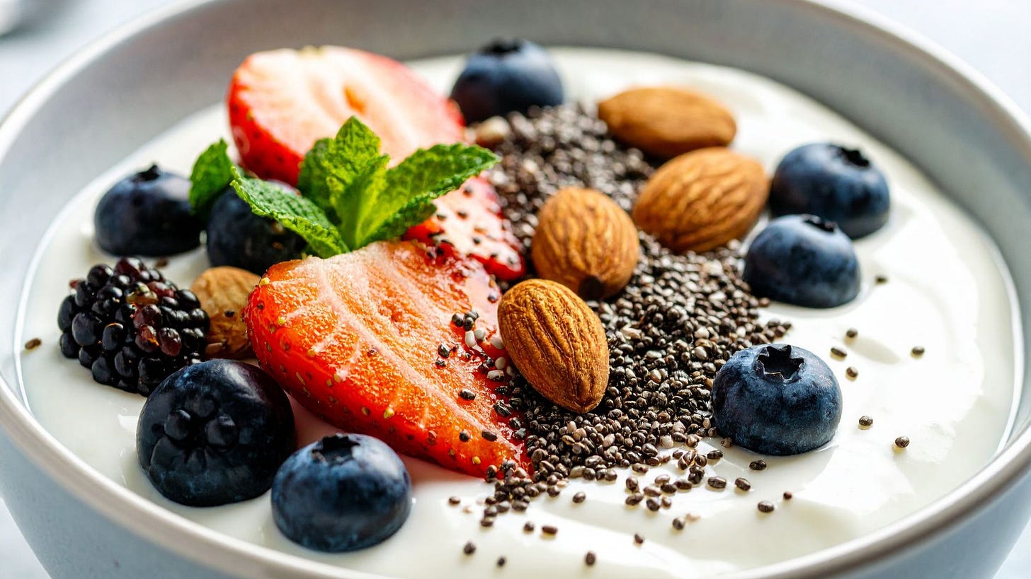 Healthy food combinations showing nutrition stacking with berries, yogurt, seeds, and whole foods for optimal nutrition.