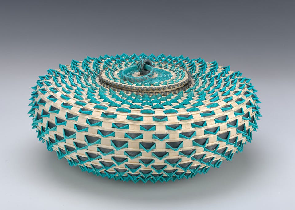 Jeremy Frey, Large Turquoise Urchin Basket, 2019, brown ash and sweetgrass, Smithsonian American Art Museum, Museum purchase through the Kenneth R. Trapp Acquisition Fund, 2020.55, © 2019, Jeremy Frey Jeremy Frey, Large Turquoise Urchin Basket, 2019, brown ash and sweetgrass, Smithsonian American Art Museum, Museum purchase through the Kenneth R. Trapp Acquisition Fund, 2020.55, © 2019, Jeremy Frey