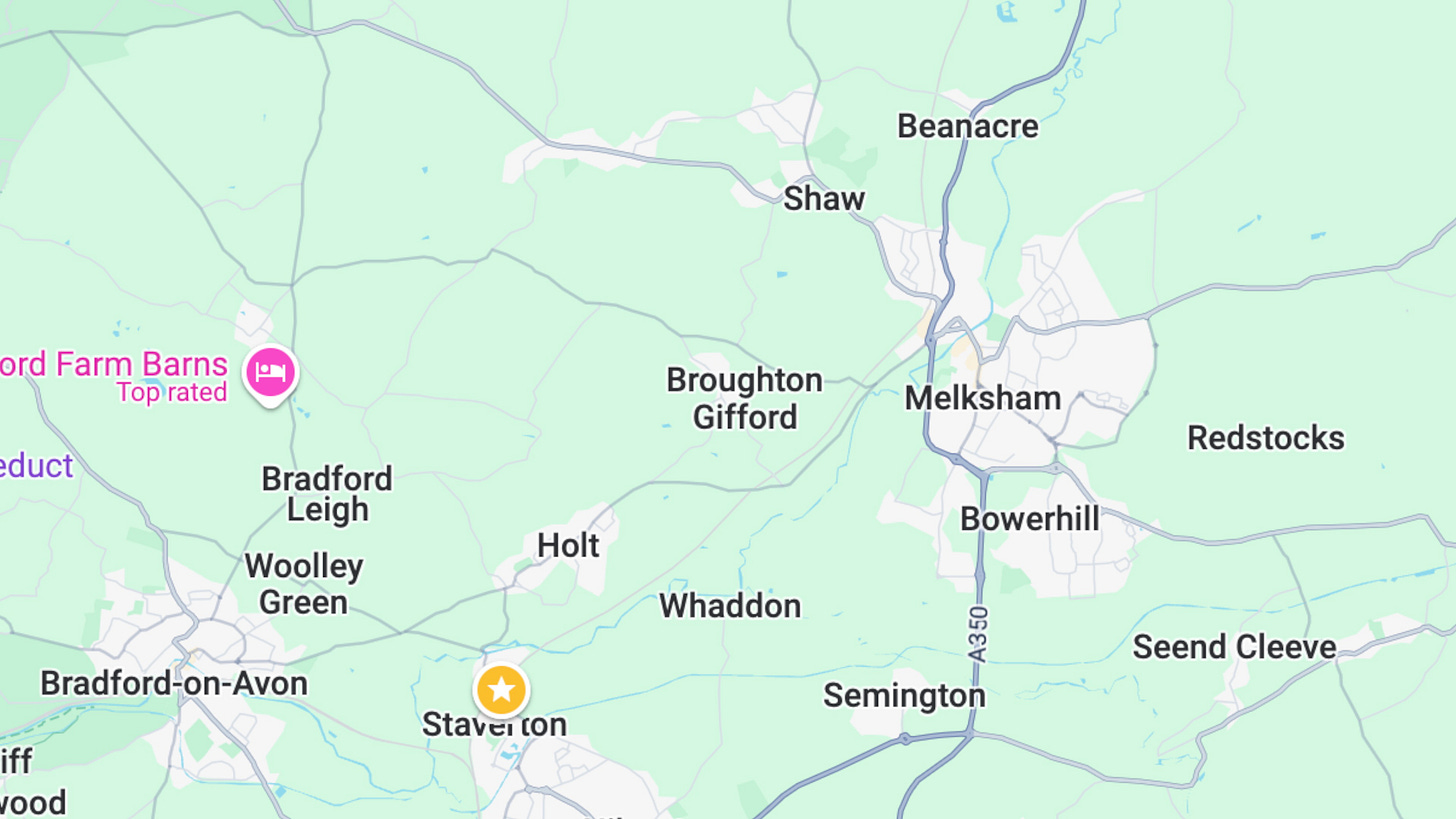 A map showing the location of Broughton Gifford in relation to Melksham and Bradford on Avon.
