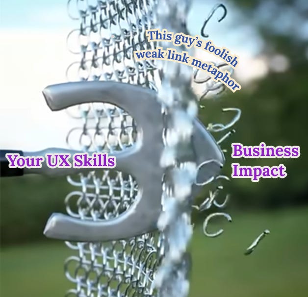 A 3d illustration by Insight Fusion of an arrowhead piercing chainmail. The arrowhead is labeled “Your UX skills” and the space beyond it “Business impact”. The chainmail is labeled “This guy’s foolish weak link metaphor.” 