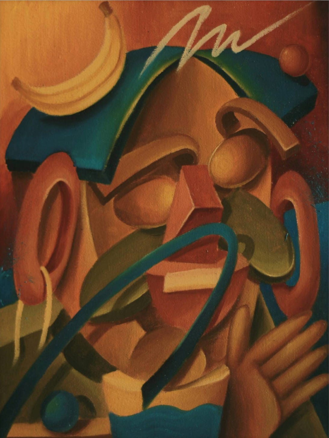 Nwansa Warna, Senja di sudut kamar, 2025, oil on canvas. A face built from rounded, overlapping forms in warm browns and oranges, with a teal cap, a yellow banana at the top left and an open hand at the lower right.