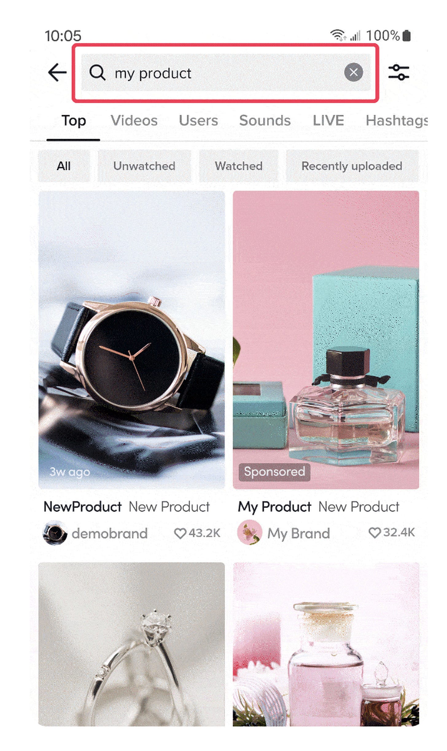 A screenshot showing a TikTok search results page for “my product” with a tile of videos. A top video is an ad for “my product” with a sponsored label.