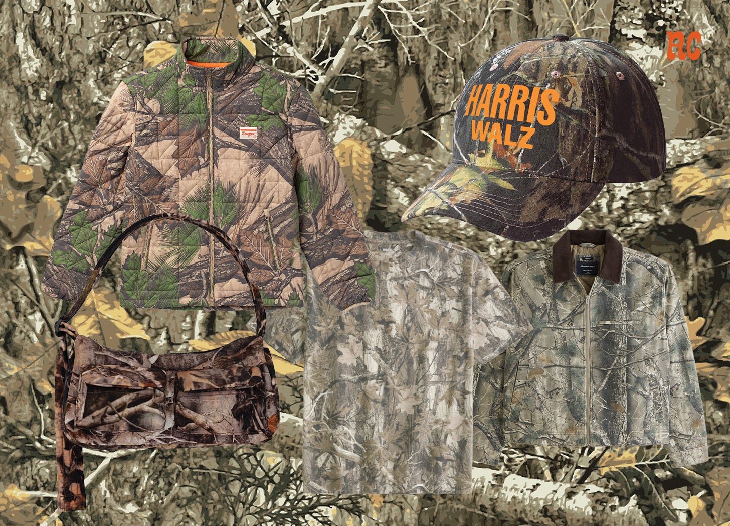 Collage of camo clothing against a camo background