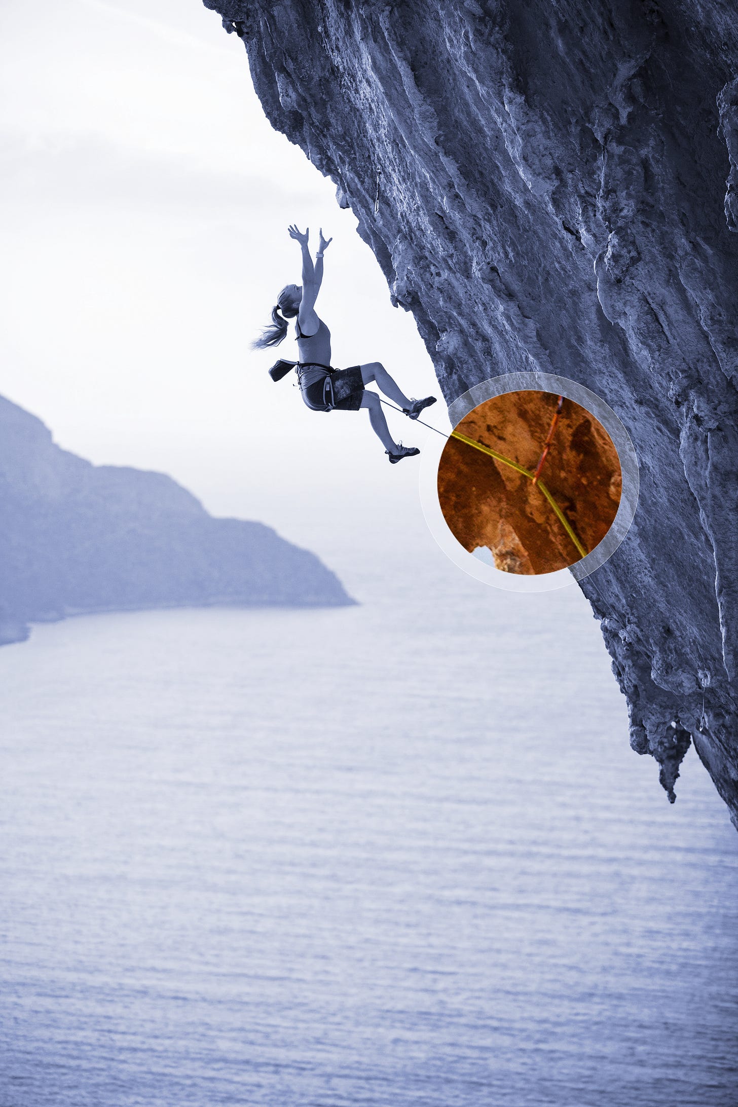 A climber in the act of falling, just after losing her grip, but still connected to the cliff by a rope. A circle highlights the anchor point, emphasizing the safety system that will catch her