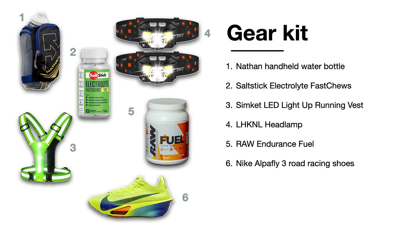 Gear kit including a Nathan water bottle, headlamps, running vest, electrolytes, and the Nike Alpafly road racing shoes Gear kit including a Nathan water bottle, headlamps, running vest, electrolytes, and the Nike Alpafly road racing shoes