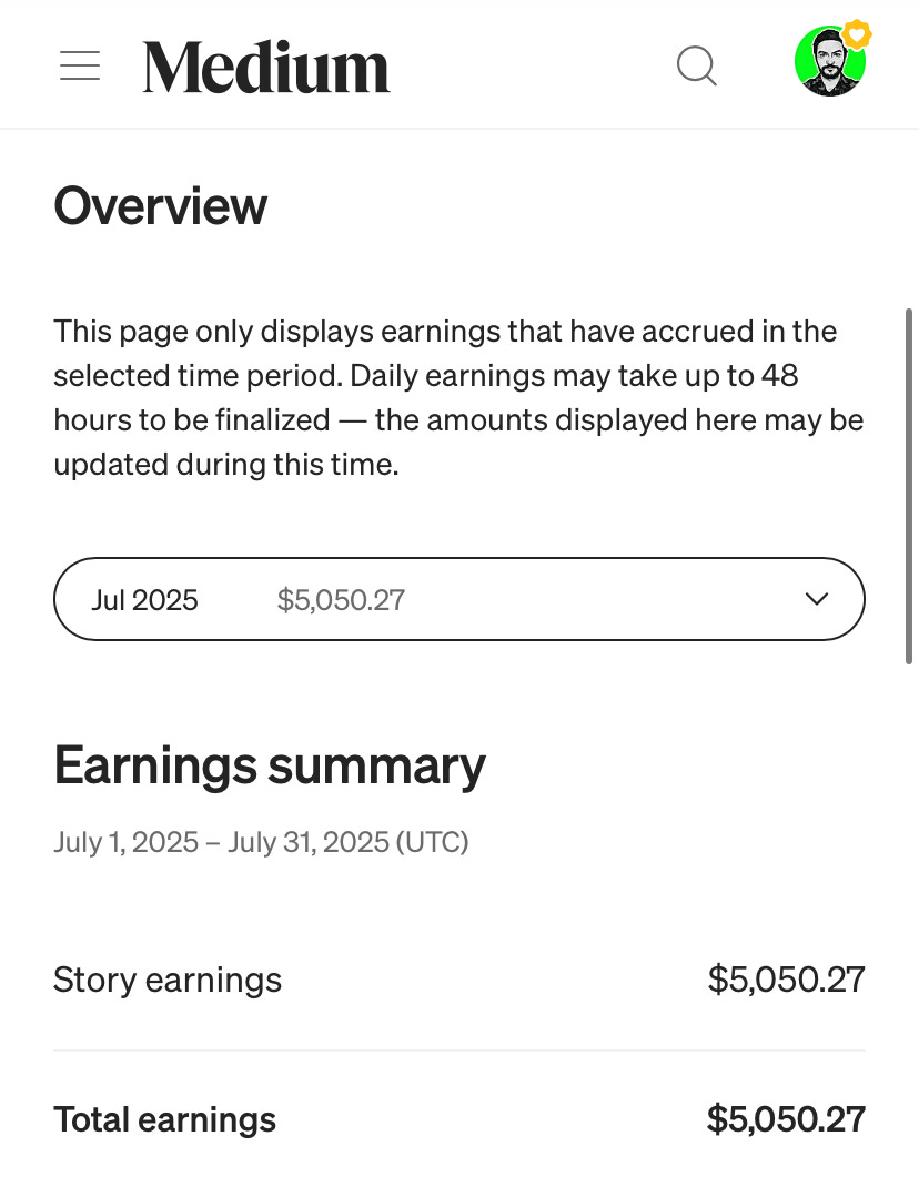 My Medium earnings for July 2025. My Medium earnings for July 2025.
