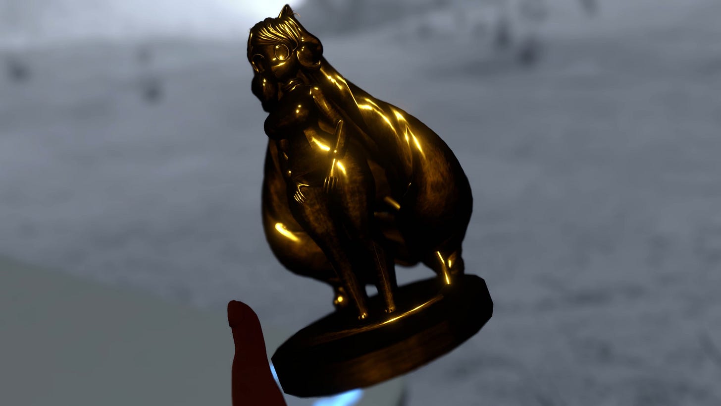 This is an image of Salena’s Easter egg statue, held in-world by ArmaniXR.