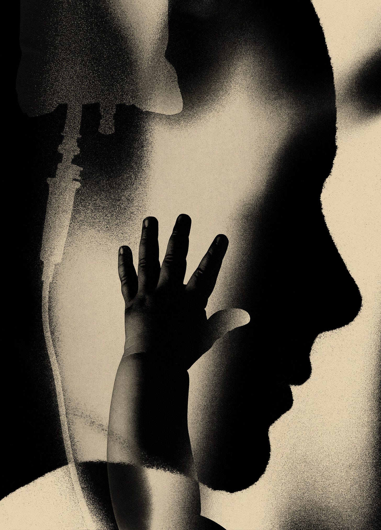 An illustration of a small hand over a face by Vartika Sharma.