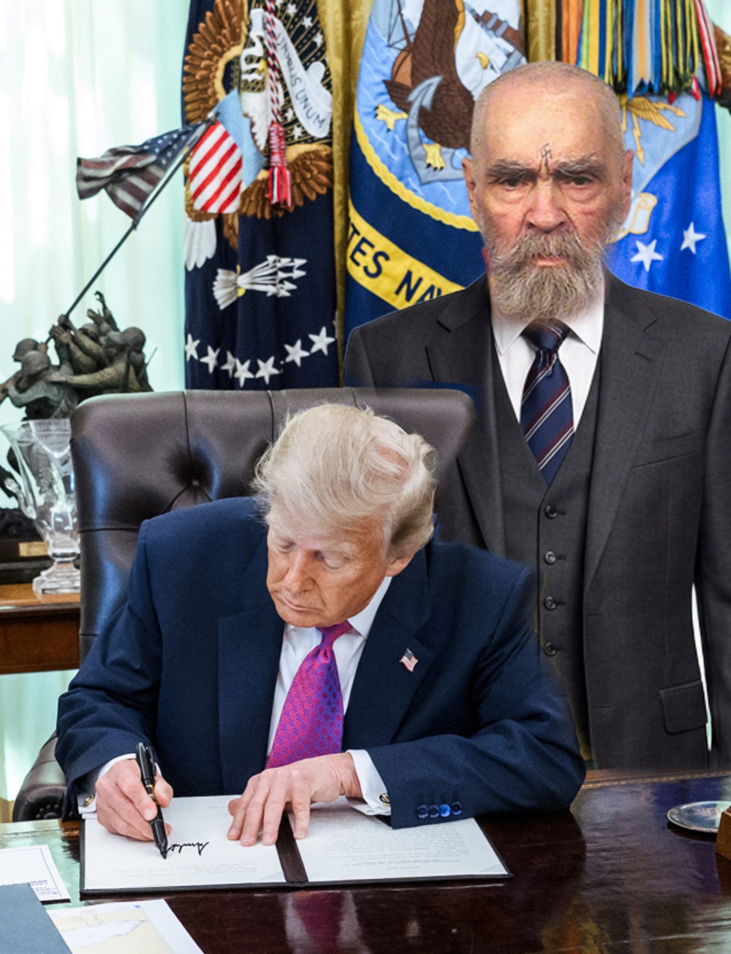 In this alternative-world photo, Trump signs documentation nominating Charles Manson as Secretary of Health and Human Services.