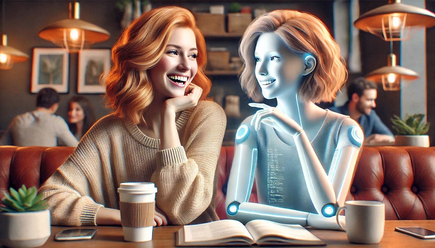 Two young women in their 30s sitting together in a cozy, modern café, laughing and chatting as friends. One has russet-blond hair and a warm sweater, while the other is depicted as a friendly AI companion with a glowing, humanoid design.