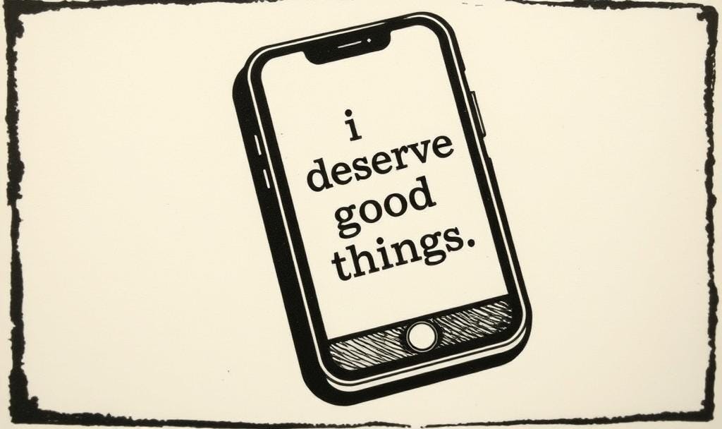 Image of a cell phone with the quote"I deserve good things."