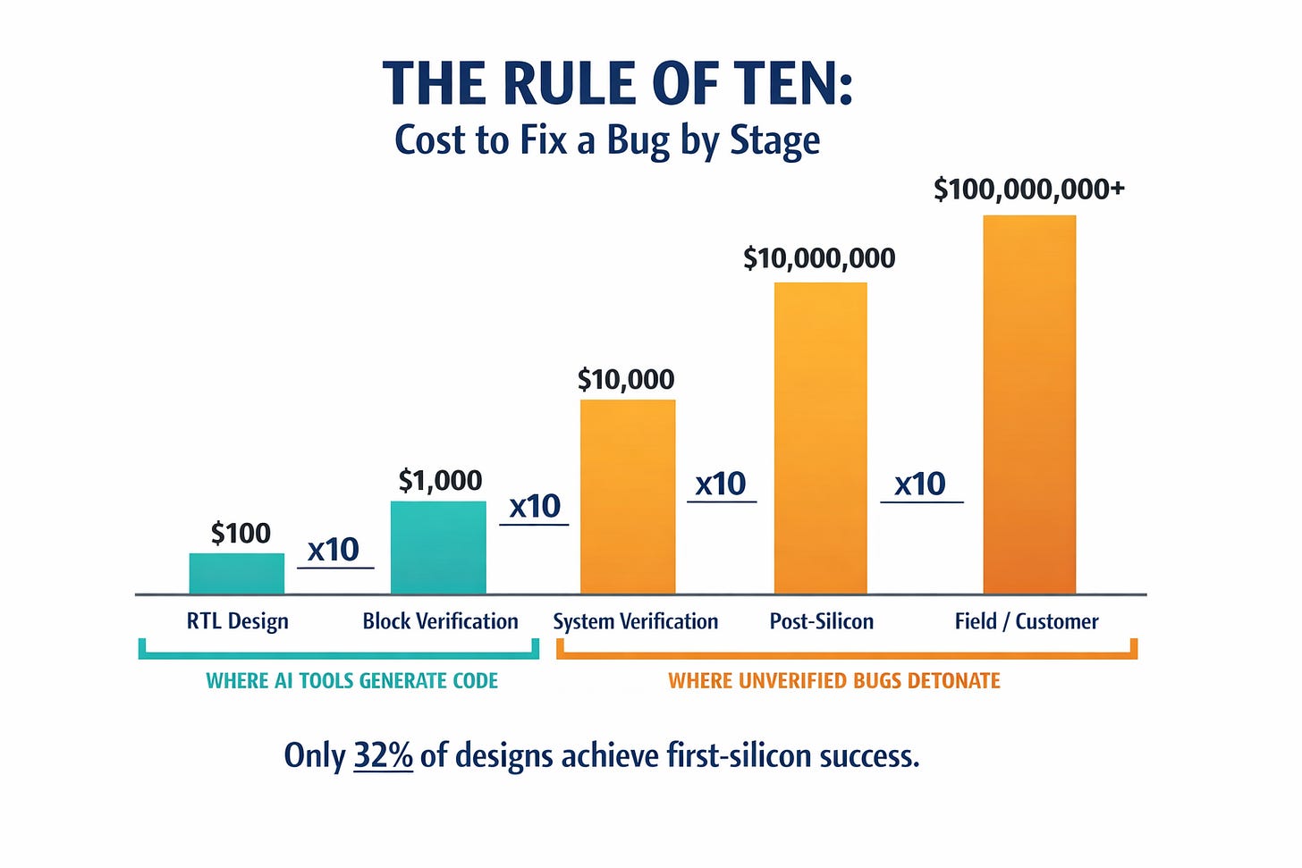 Infographic showing the Rule of Ten — exponential cost escalation of bug fixes across five design stages, with specific dollar amounts from the article.