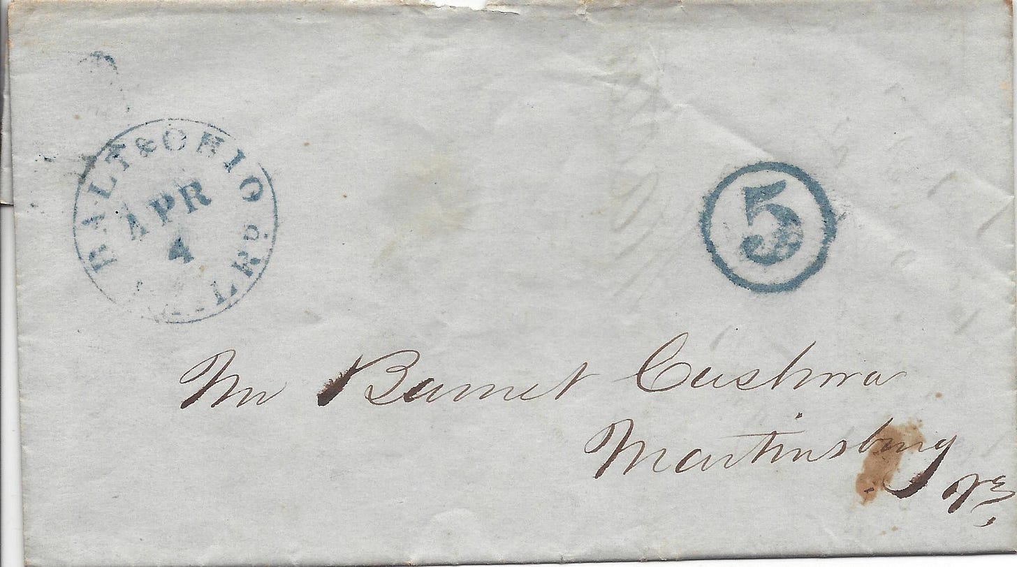 1849 folded letter mailed on Baltimore and Ohio Railroad 1849 folded letter mailed on Baltimore and Ohio Railroad