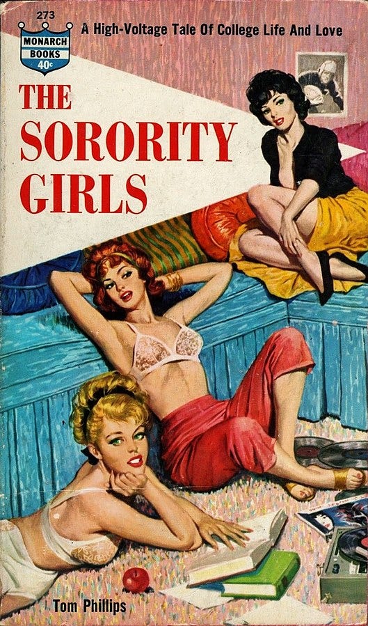 women in their bras on a sofa for a magazine cover called The Sorority Girls