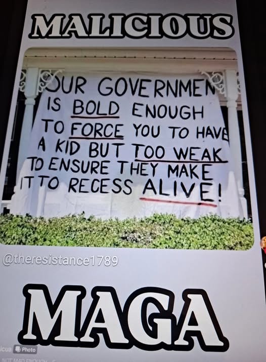 May be an image of text that says 'MALICIOUS SSUR GOVE RNMEN IS BOLD ENOUGH TO FORCE YOU to HAVE A KID BUT o WEAK TO ENSURE THEY MAKE ITTO RECESS ALIVE! @theresistance1789 789 cua MAGA Photo'