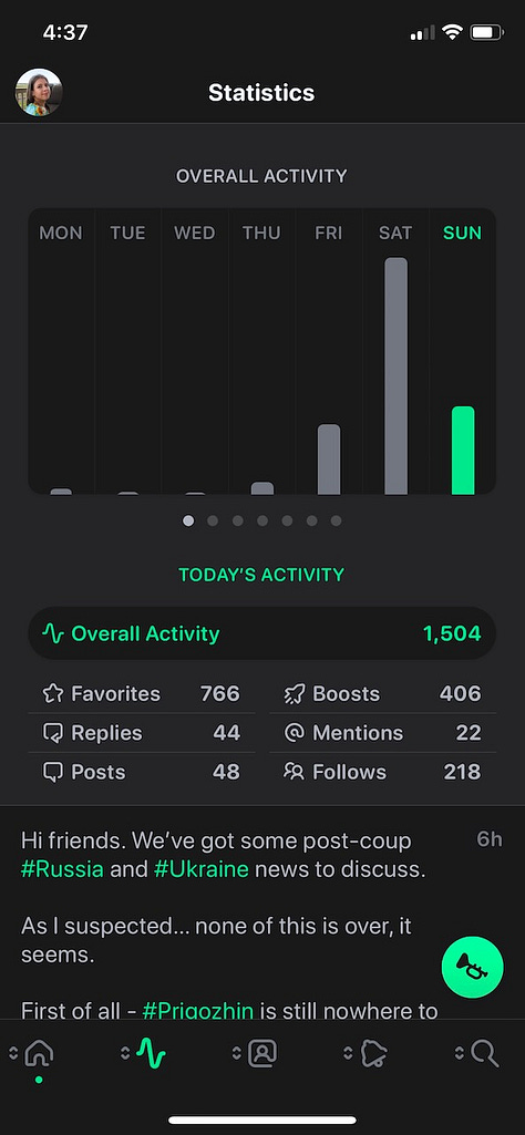 Mastodon engagement statistics with bar graph for the whole week and detailed numbers for each day. Total activity across 3 days is: 1038, 3884, 1504