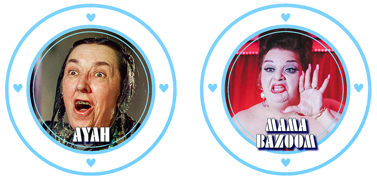 Ayah (May Hallatt) with wide eyes and open mouth, braided, greasy long hair, is matched with Henrietta "Mama" Bazoom (Lin Tucci), mid-performance on stage at the Cheetah in full makeup. Both are shown in stylized blue portholes.