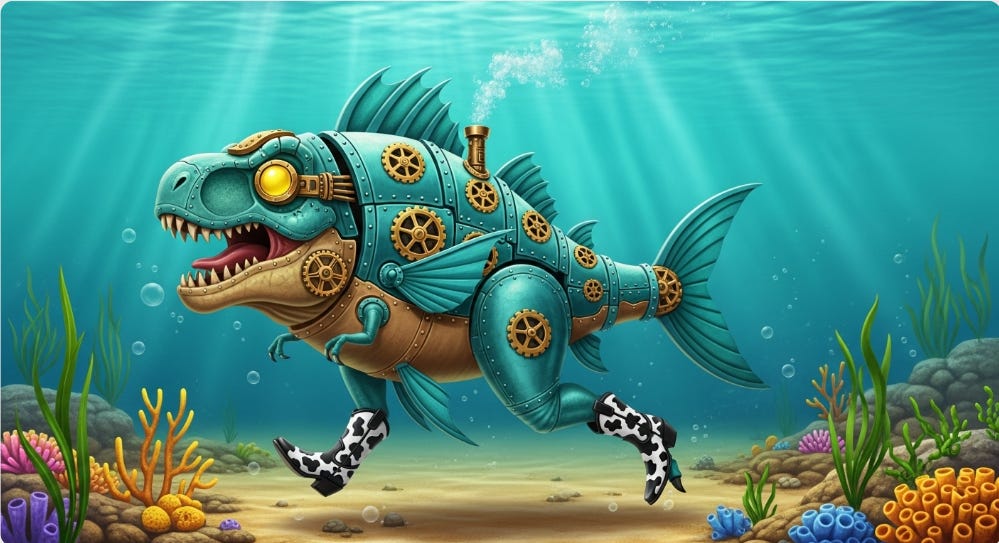 Blue fish fused with a T-rex wearing cowboy boots in black and white cow patterns running on the ocean floor