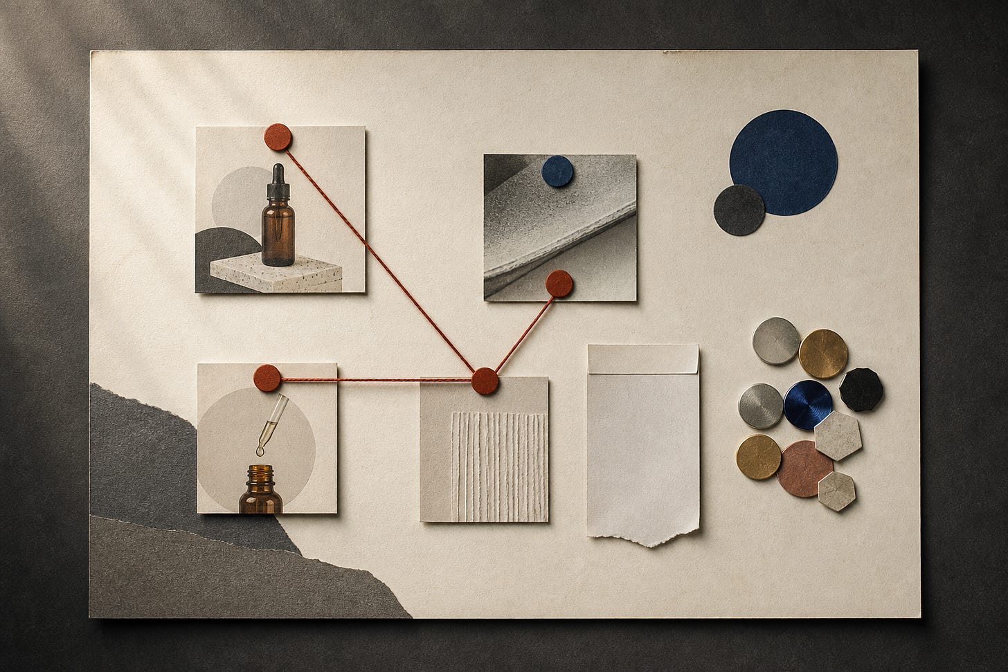 A board displays pinned photos linked by string, paper circles, articles, and a dropper bottle.