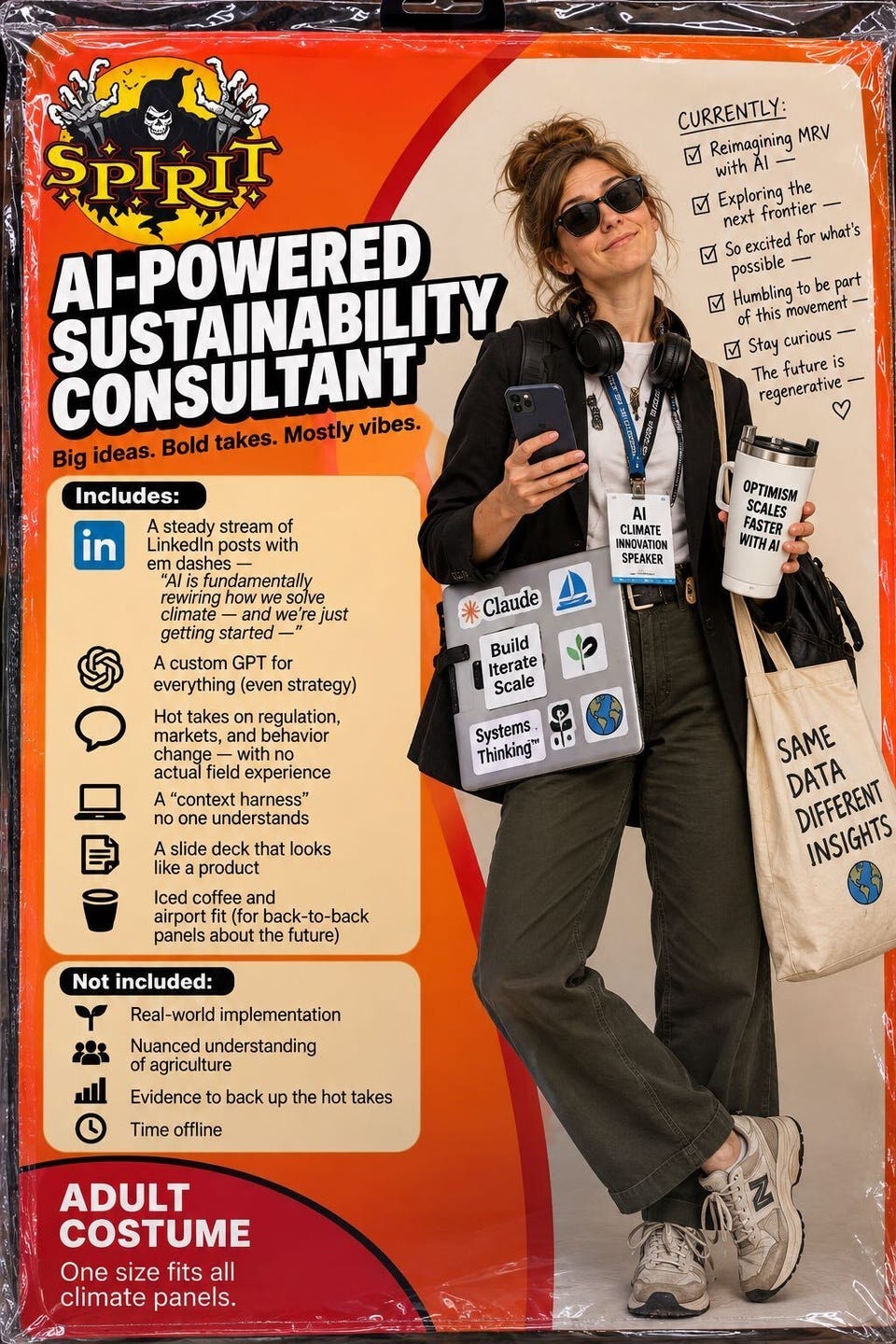 A Spirit Halloween costume package for an "AI-Powered Sustainability Consultant" ("Big ideas. Bold takes. Mostly vibes."): a woman in sunglasses with headphones round her neck, holding a phone and an "Optimism scales faster with AI" tumbler, a laptop stickered Claude, Build Iterate Scale and Systems Thinking, an "AI Climate Innovation Speaker" lanyard, and a tote reading "Same data, different insights." A checklist reads: reimagining MRV with AI, exploring the next frontier, so excited for what's possible, humbling to be part of this movement, stay curious, the future is regenerative. Includes: a steady stream of LinkedIn posts with em dashes, a custom GPT for everything, hot takes on regulation, markets and behavior change with no actual field experience, a "context harness" no one understands, a slide deck that looks like a product, and iced coffee for back-to-back panels about the future. Not included: real-world implementation, nuanced understanding of agriculture, evidence to back up the hot takes, time offline. Adult costume, one size fits all climate panels.