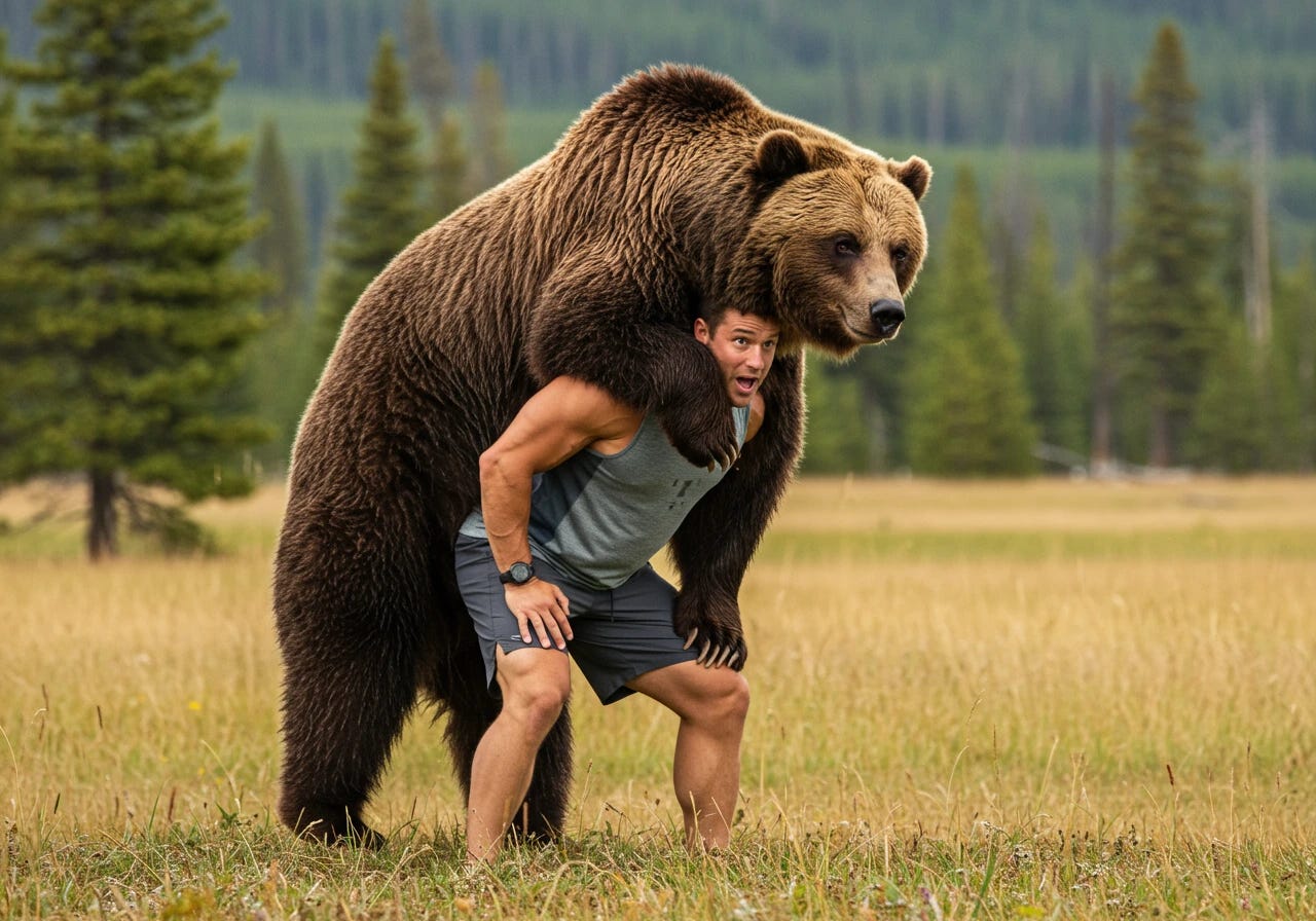 Bear piggy backing personal trainer man yellowstone national park