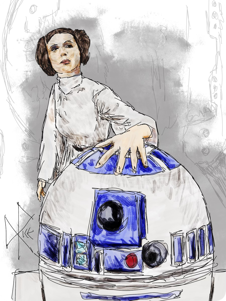 Standing behind R2-D2, Princess Leia places her hand on top of the droid to help it stop its trembling as they wait in hiding aboard the captured Tantive IV. Sketch art by Don Rice.