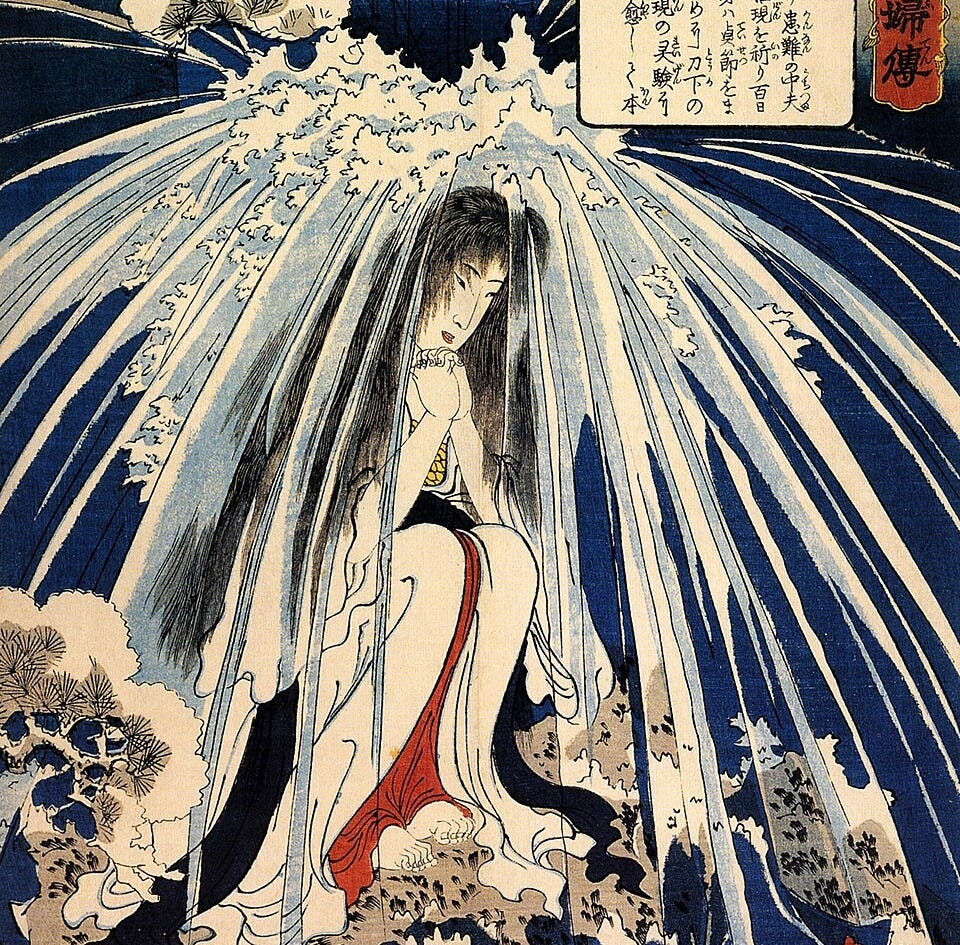 Image of woodblock print by Utagawa Kuniyoshi titled Hatsuhana doing penance under the Tonosawa waterfall