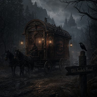 Rictavio's carnival wagon on the Old Svalich Road, lantern-lit, gothic mist, creaking wooden panels, Barovian atmosphere