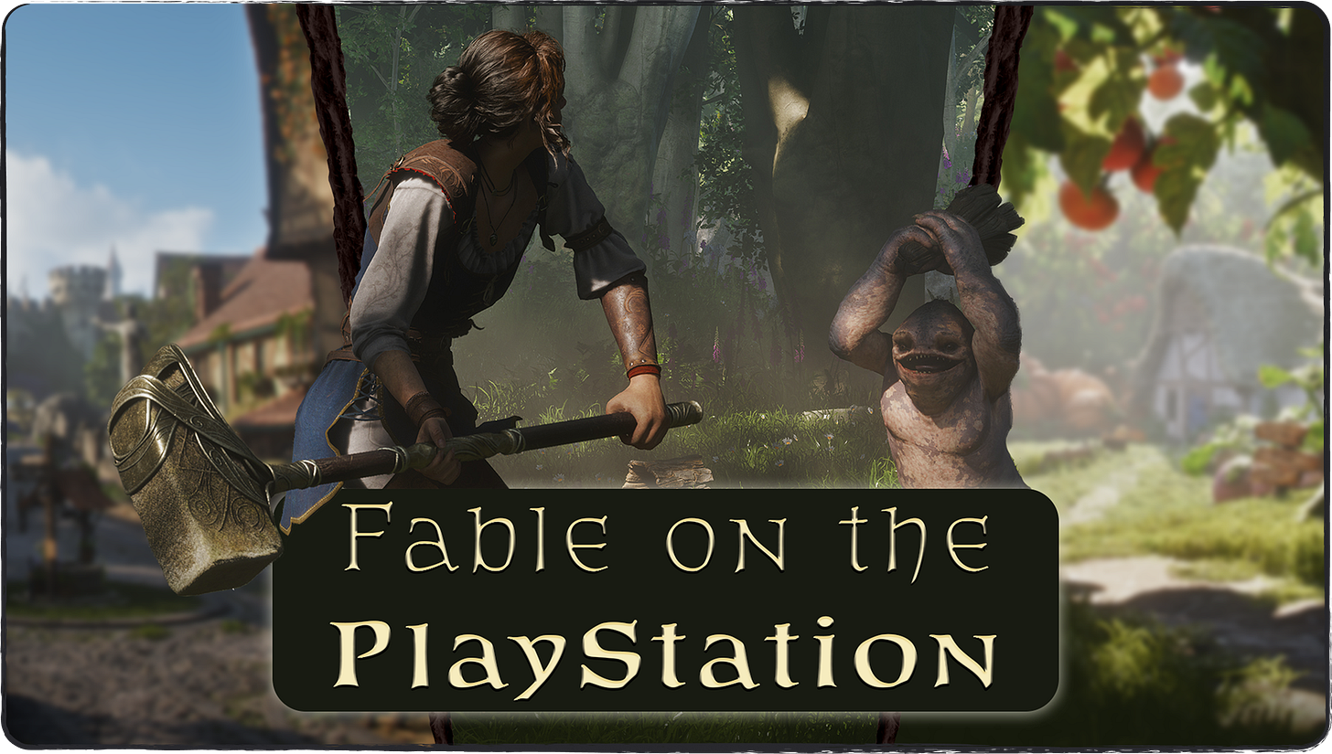 Collage of screenshots from Playground Games of the new Fable game with text that says "Fable on the PlayStation"!