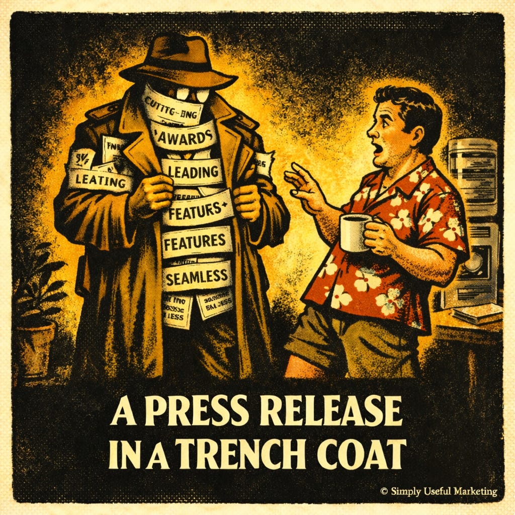 Vintage-style illustration of a trench-coated figure made of stacked papers labeled with marketing jargon such as “awards,” “leading,” “features,” and “seamless,” while a man in a floral shirt recoils holding a teacup. The words “A Press Release in a Trench Coat” appear below. © Simply Useful Marketing appears in the lower corner.