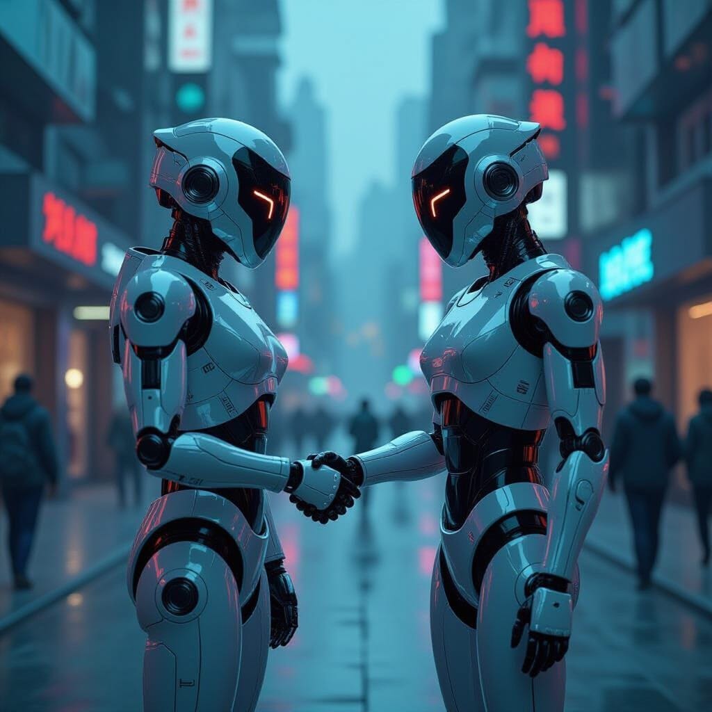 Basic AI Agents that come from the future in a technologically advanced civilization where robots assist human beings fo...