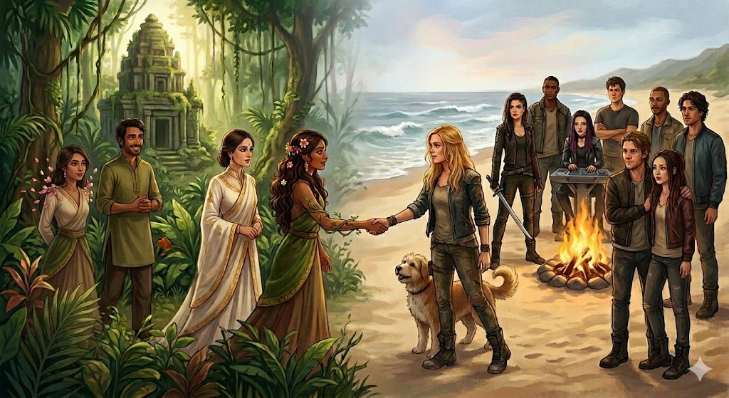 A wide-angle, richly painted fan art cover illustration, blending a lush jungle and a regenerated beach. The left side is a dense, sun-dappled jungle filled with tropical foliage, ancient tree roots, and a large, partially overgrown Hindu-style temple pagoda. A group of four characters from Tasha Suri's The Lotus Empire are gathered here: Priya (brown skin, ethereal green dress with subtle vine-like patterns, floral vines in her hair) smiles warmly and reaches to shake hands with Clarke Griffin. Beside her is Malini (fair, golden complexion, fine white and gold robe). Further left are Rao and Sima.  The center of the image is a dreamlike, soft transition where the jungle trees and plants fade into the sandy beach on the right, which is the setting for The 100. Near this blending point, Clarke Griffin (blonde, weathered post-apocalyptic clothes, a golden retriever dog by her side) smiles as she shakes Priya’s hand. Gathered around them on the beach are roughly ten other friends, including Octavia, Bellamy, Raven, Murphy, Emori, and Monty. They stand around a campfire, with a calm ocean in the background under a soft golden hour sunset.