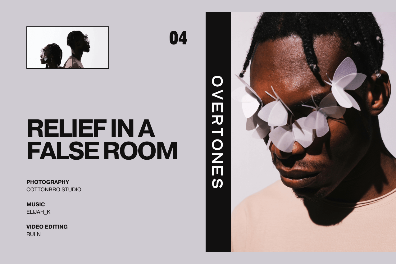 Cover for the short film "Relief in a False Room": A profile study of a man with white butterflies obscuring his eyes. The layout features a muted lilac field with a secondary inset image in the top-left and minimalist production credits in the bottom-left. Part of the Overtones series at The Subtext Review.