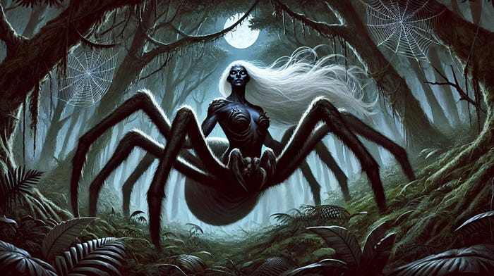 “Moonlit forest scene with a drider—dark-skinned, blue-eyed woman’s torso atop a giant spider body—hair flowing white as she looms over ferns and webs.”