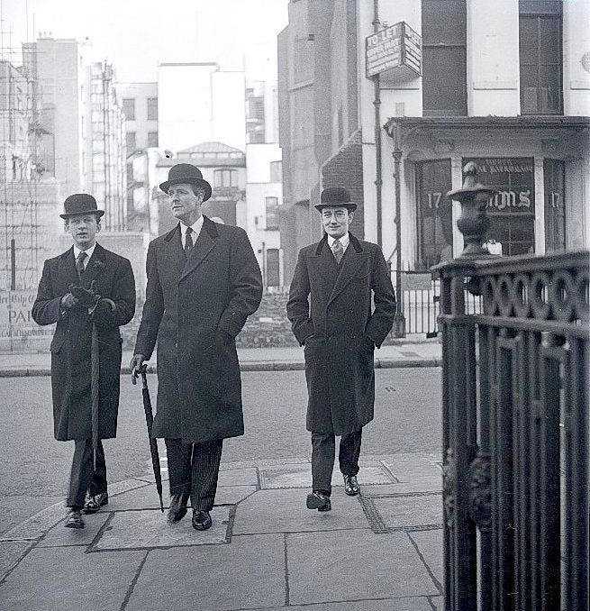 The New Mayfair Edwardians. Photograph by Norman Parkinson. April 1950. Peter  Coats; William Ackroyd M.C. and Mark Gilbey. #1950sfashion…
