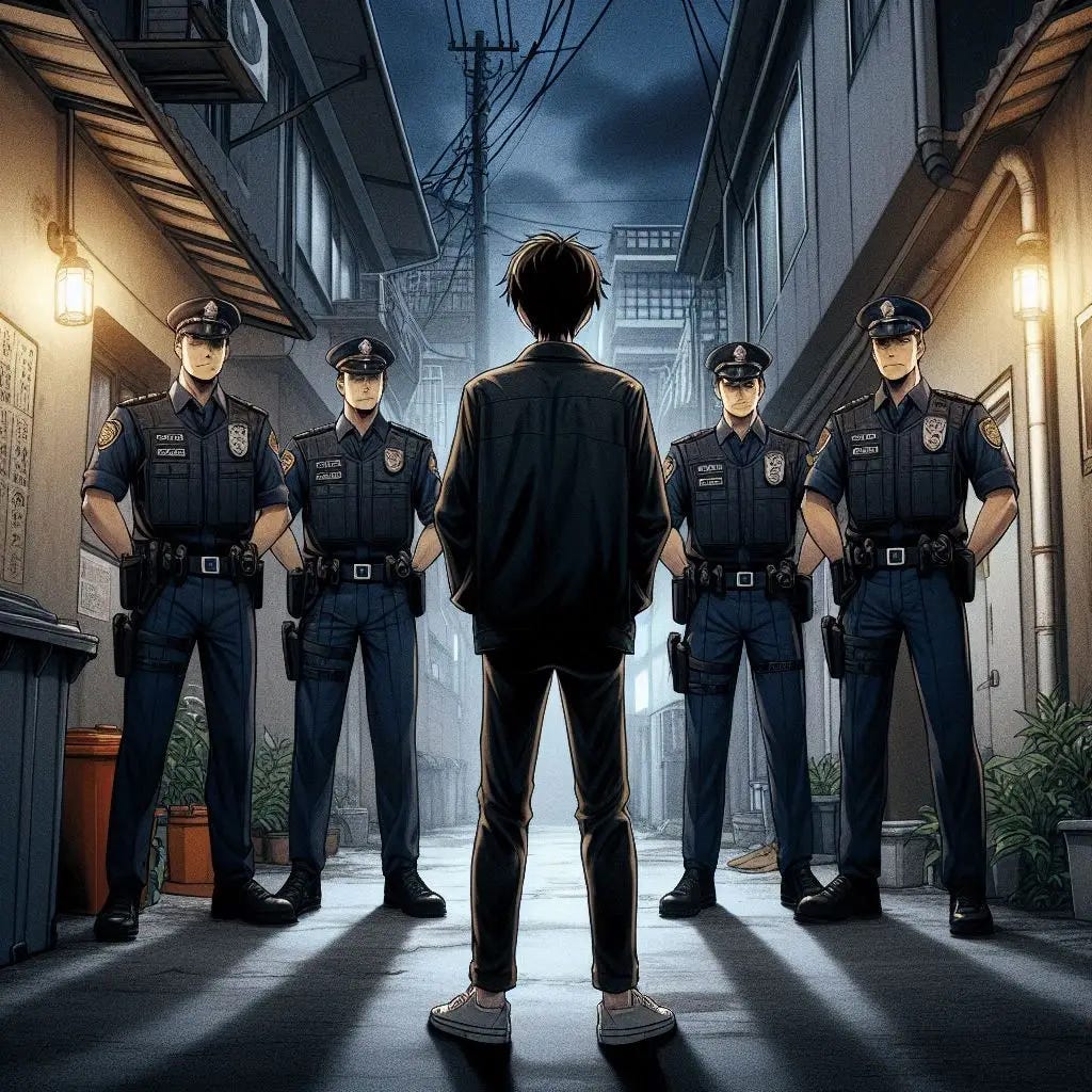5 male police officers surrounding a young man with brown hair in a back alleyway to a cheap apartment complex. anime art style. dark.