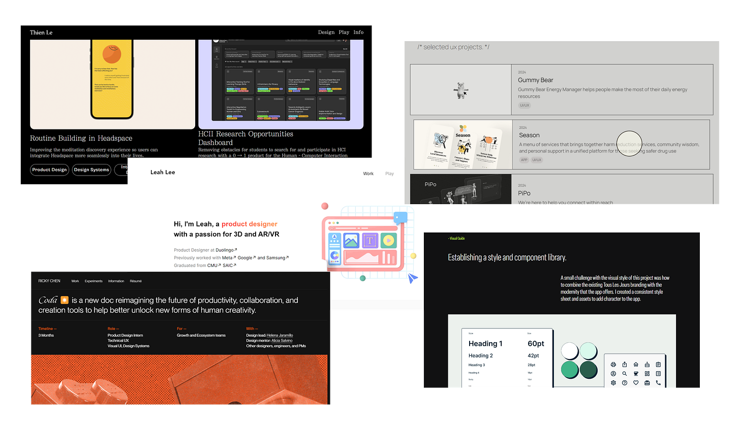 collage of various cmu student/alumni portfolio screenshots