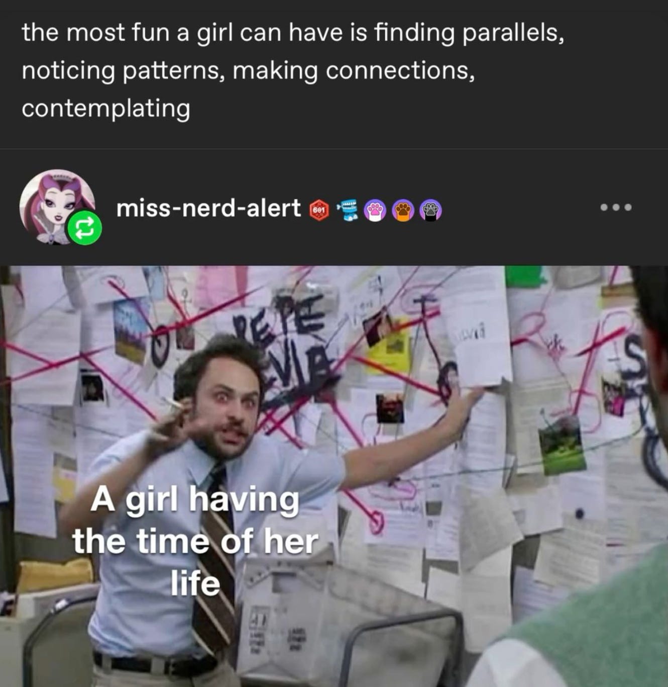 tumblr post reads "the most fun a girl can have is finding parallels, noticing patterns, making connections, contemplating" over a meme of Charlie Day from It's Always Sunny In Philadelphia looking unhinged in front of a chaotic bulletin board with the caption "a girl having the time of her life" 