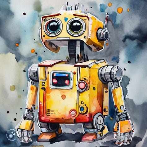 Cyberpunk blacklight warrior in a helmet, motorcycle cinematic still, pencil sketch of a woman's face, watercolor painting of a cute robot, goblet adorned with crystals, sunset over a valley oil painting