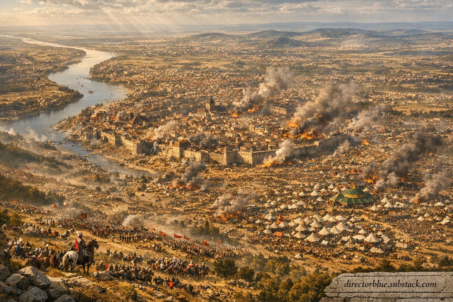 IMAGE PROMPT FOR HISTORIC REENACTMENT EDUCATIONAL SERIES Battle of Vienna 1683: Photorealistic 16x9 horizontal ultrahighresolution drone aerial photograph captured at 4:00 PM on September 12, 1683, from 2000 feet above Kahlenberg Mountain in threequarter angled threedimensional perspective overlooking Vienna and surrounding territories, hyperdetailed late afternoon golden sunlight casting long shadows across the Danube River snaking northwest, scarred Vienna city walls with massive breaches at Burg Löbel and Löwel bastions from Ottoman mining smoke wisps rising from countermines rubblestrewn glacis starving defenders atop ramparts waving banners, vast Ottoman siege camp sprawling southeast with 170,000 tents green pavilions Grand Vizier Kara Mustafa Pasha's opulent silk marquee batteries of 300 cannons mortars gabion trenches parallel saps converging on city flames engulfing razed villages like Nussdorf Gersthof Unterdöbling Oberdöbling outlined in black ash, Türkenschanze earthwork central position swarming Janissaries in white banyans green kaftans spahi cavalry scale mail fleeing in disorder, Holy League relief army 70,000 strong positioned northwest on Kahlenberg slopes Polish camp with winged hussar squadrons forming King John III Sobieski broadfaced graymustached on piebald stallion white plume red sash signaling charge Imperial forces under Charles of Lorraine advancing left flank capturing hamlets Stein an der Donau northwest Pressburg Bratislava northeast distant Leitha River south forested Wienerwald hills authentic 17thcentury chaos dust clouds musket smoke horse stampedes looted wagons bloated corpses fly swarms trampled vineyards purple grapes bursting periodaccurate details like Ottoman green banners Polish white eagle standards Habsburg doubleheaded eagles terrain contours showing Kahlenberg 484m elevation drop to plains mud ruts cart tracks seasonal foliage dry grass scattered boulders, subtle integrated watermark directorblue.substack.com visible bottom right corner as etched stone engraving style, educational historical accuracy based on 1683 siege maps no modern elements anachronisms volumetric lighting god rays through haze atmospheric perspective depth of field sharp foreground Vienna fading distant Sopron Krumbach horizons.png