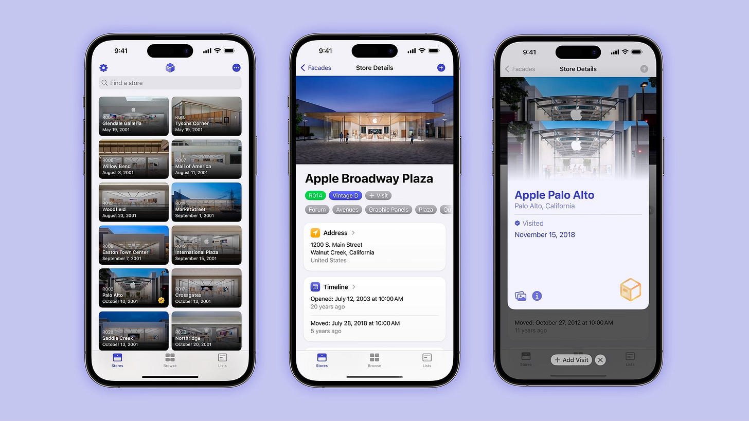Three iPhones running Facades 2, set on a light purple background. The first phone displays the store grid view. The second phone displays a store detail view. The third phone displays a visit receipt.