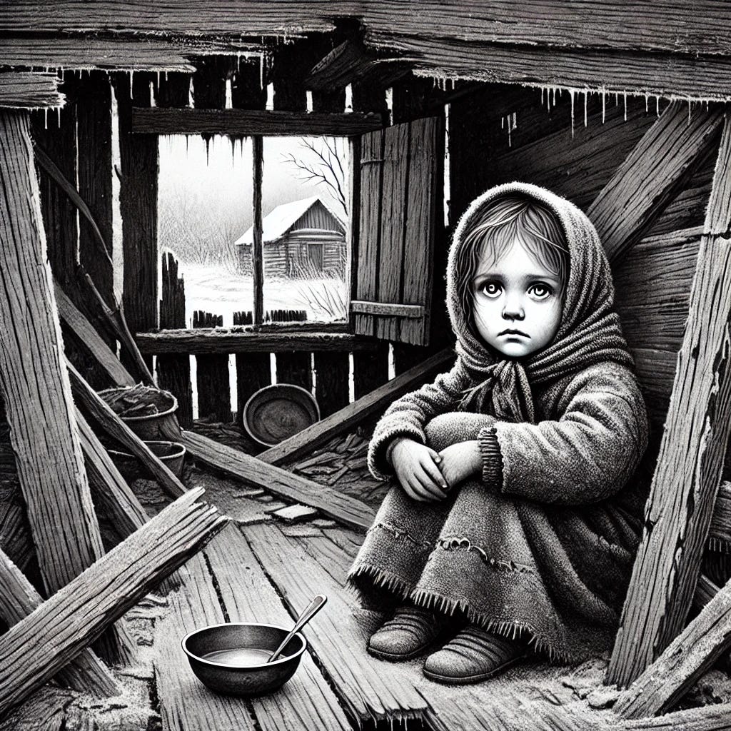 A haunting black-and-white illustration of a small, frail 10-year-old girl with hollow cheeks and tattered clothes sitting in a dilapidated wooden shack. The scene is bleak, with cold air visibly seeping through broken planks. The girl’s eyes are sad and distant, as if resigned to her fate. A small, empty bowl sits beside her, emphasizing the extreme poverty. The background shows a harsh winter landscape outside the shack, with frost creeping in. The atmosphere is somber and tragic, conveying a sense of deep sorrow and neglect.