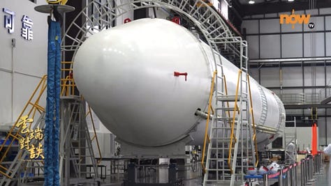 Kinetica-2's first-stage, second-stage, and fairing being prepared for the rocket debut flight and ahead of being sent to the launch site.