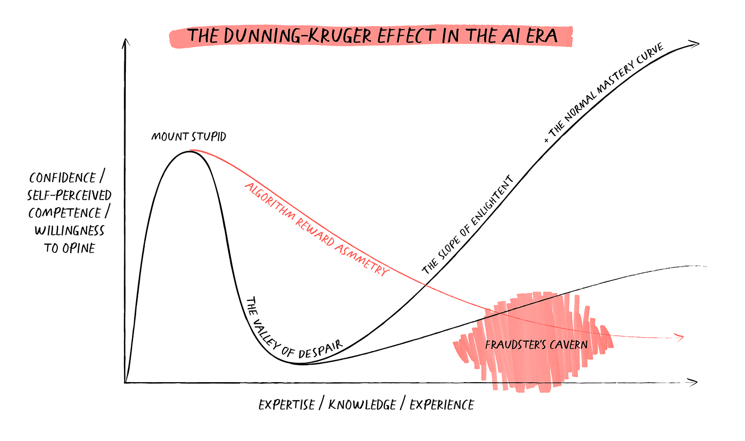 Hand-drawn chart showing the Dunning-Kruger curve in black with Mount Stupid spike, Valley of Despair, Slope of Enlightenment, leveling into a Normal Mastery Curve. A second coral curve labeled "algorithm reward asymmetry" descends from Mount Stupid into a coral hatched zone labeled "Fraudster's Cavern" at the bottom right.