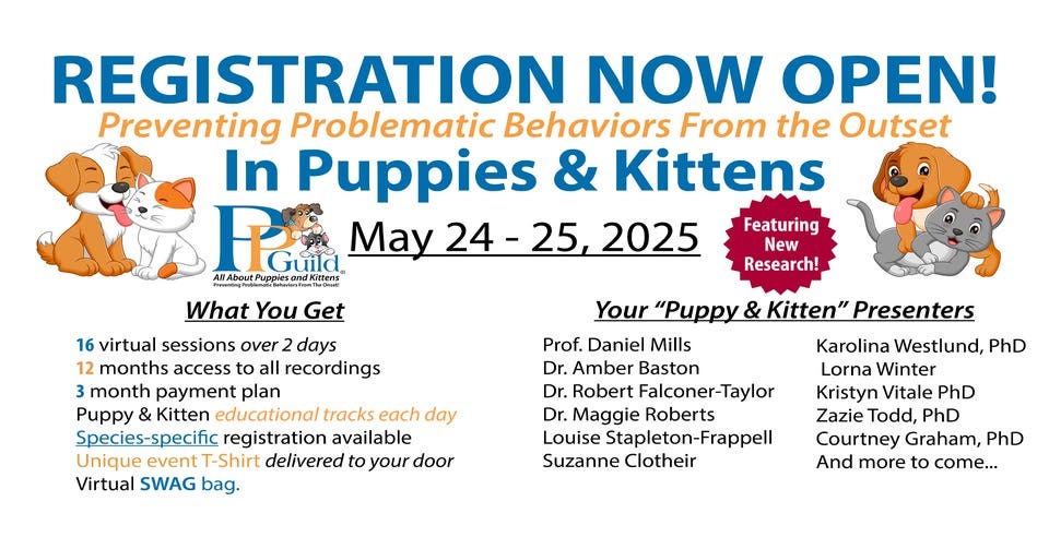 The flyer for the conference includes the list of speakers which is below. It says what you get: 16 virtual sessions over 2 days, 12 months access to all recordings, 3 month payment plan, puppy and kitten educational tracks each day, species-specific registration available, unique event t-shirt delivered to your door, virtual swag bag