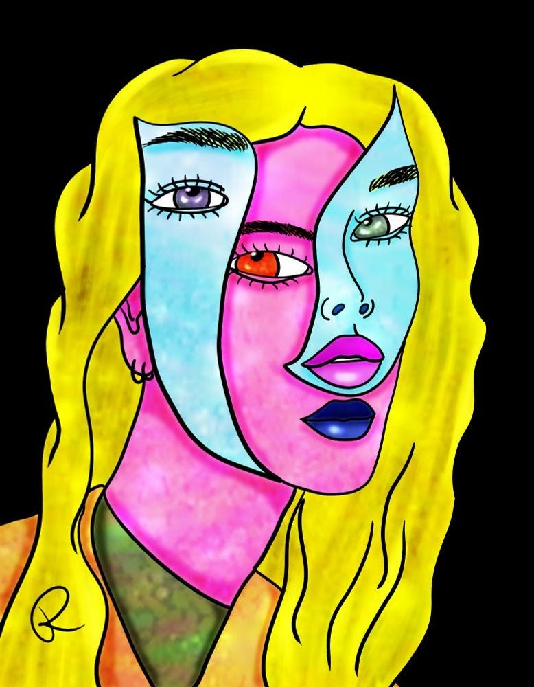 Desenho de um rosto de uma moça com outros dois fragmentos de rosto (como uma máscara) na sua frente, de modo a ter três olhos, dois narizes e duas bocas. O desenho é colorido digitalmente, parte deste rosto desconstruído é azul e parte é rosa. Os cabelos são ondulados e amarelos. Há bastante textura. O fundo é preto.