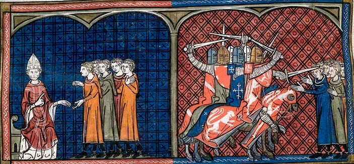 Manuscrit médiéval (miniature) montrant le pape Innocent III préchant la croisade contre les Albigeois et les croisés à l’attaque des populations.