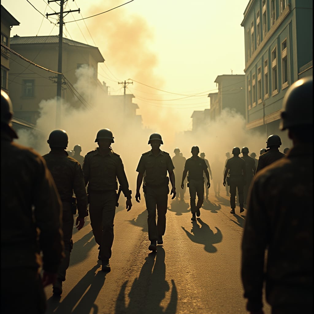 A dramatic, cinematic film still of Kingston's unrest, set against a backdrop of smoke-filled streets and chaos, with Jamaican citizens clashing with military forces in the foreground.